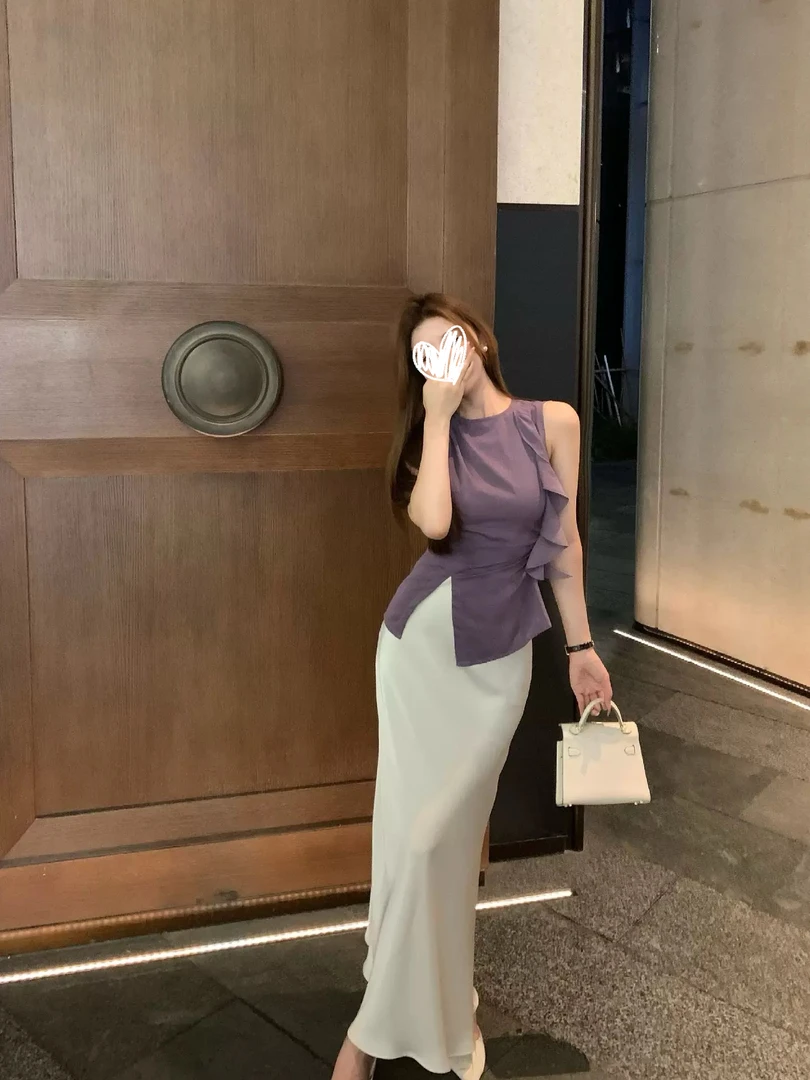 夏季新款韩系气质优雅斜边开叉背心上衣+修身缎面半身裙Q119