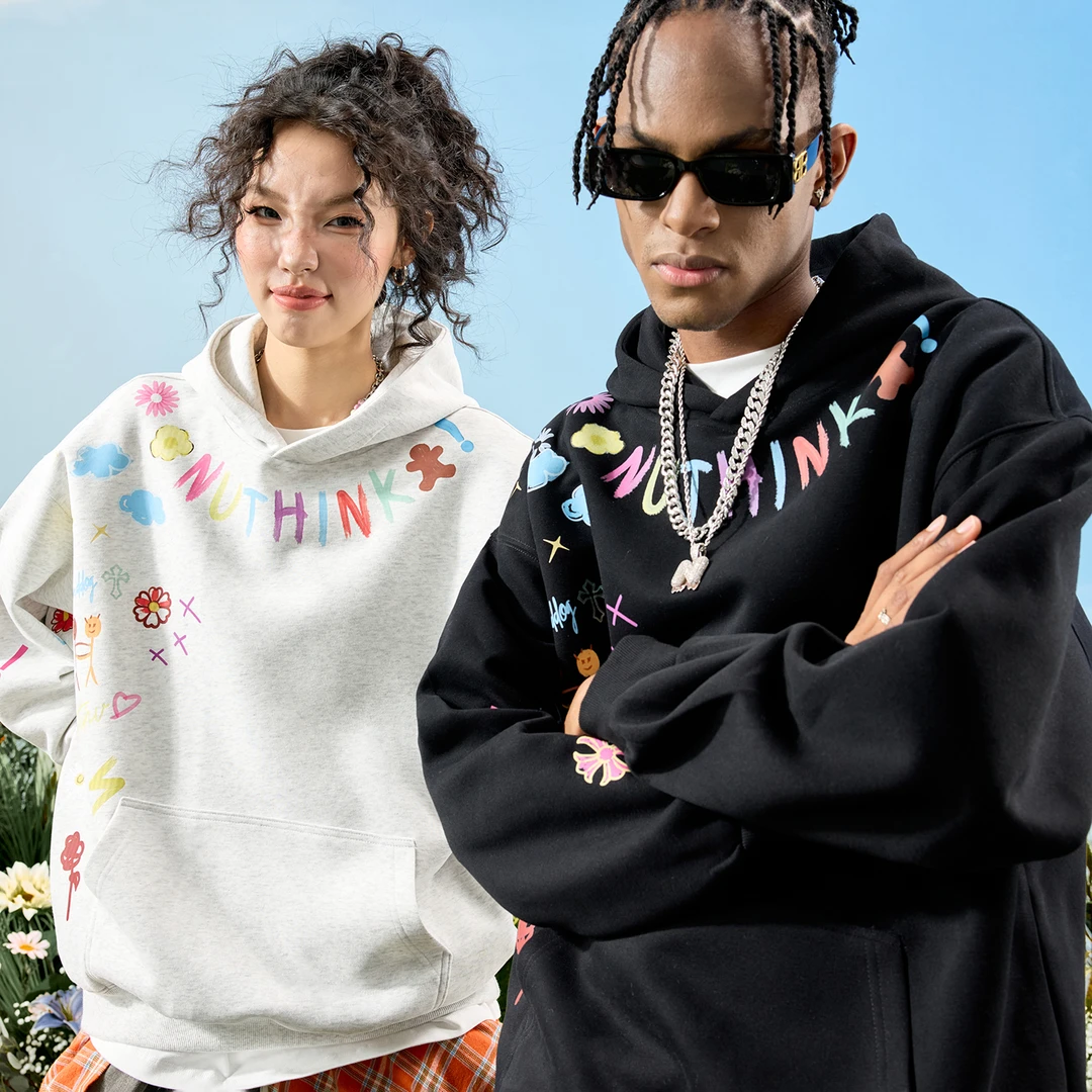 Nuthink美式潮牌童趣字母涂鸦印花连帽卫衣宽松男女加绒秋冬新款