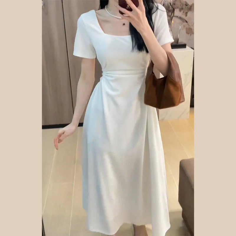 法式方领白色连衣裙女夏季2025年新款小个子高级感收腰气质长裙子