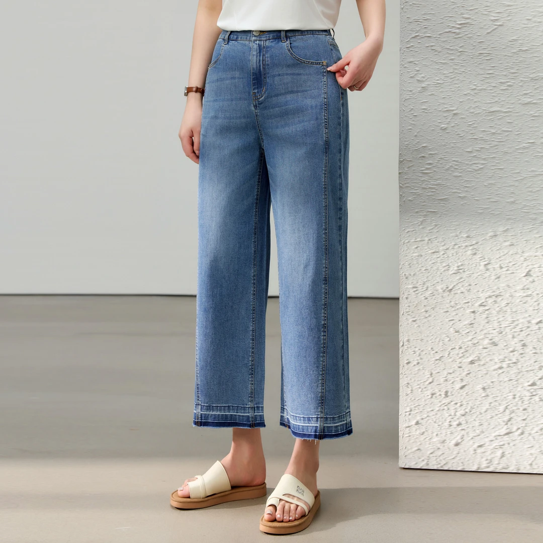 【报恩阔腿裤】纤莉秀W大码女装牛仔蓝翻折毛边直筒九分裤QK0995