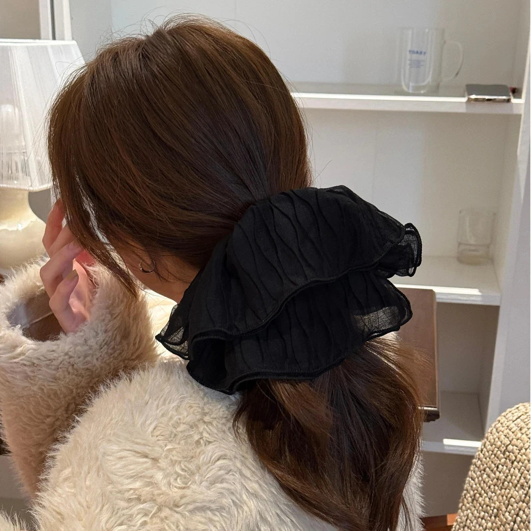 超大号褶皱网纱双层大肠发圈女优雅高级感扎头发绳高弹力头绳头饰