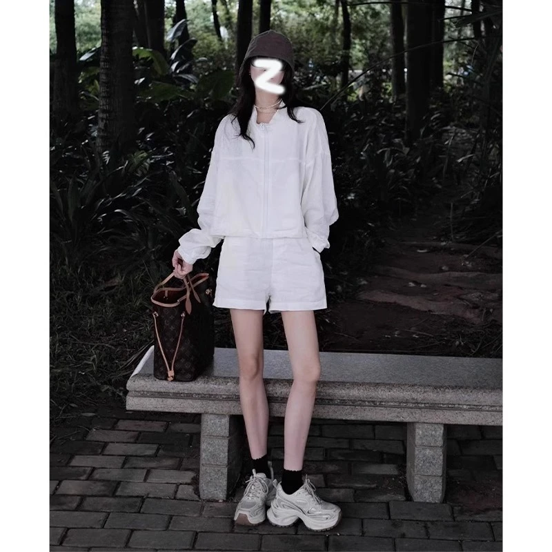 休闲度假风亚麻套装女夏季韩系宽松百搭拉链式防晒外套短裤两件套