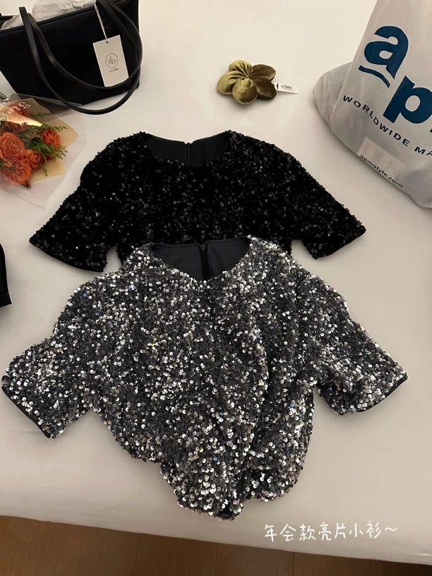 Buyfunny宝藏店铺~年会洋气泡泡袖闪闪小衫
