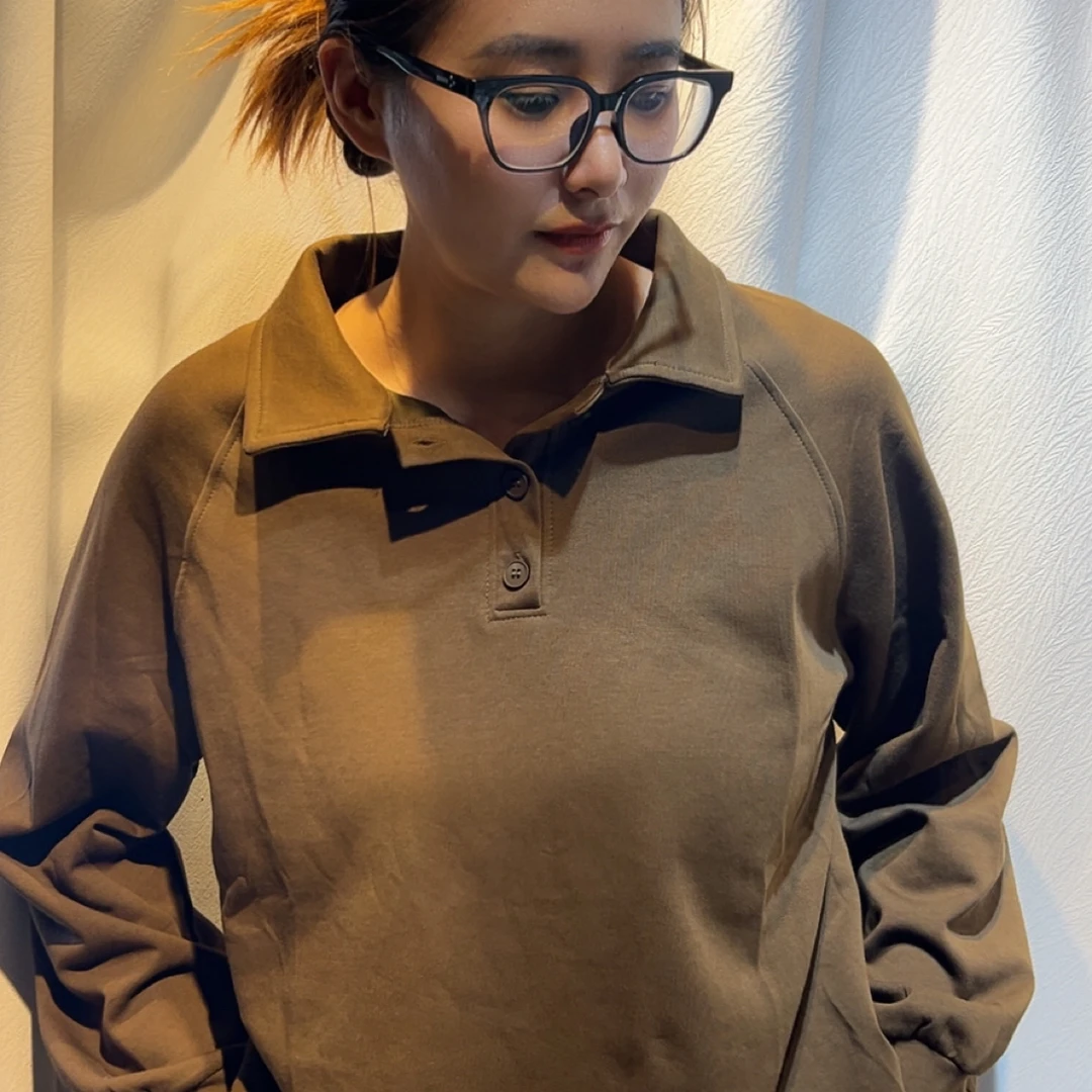 纯色翻领百搭运动宽松型时尚秋冬卫衣休闲春季常规款长袖套头女