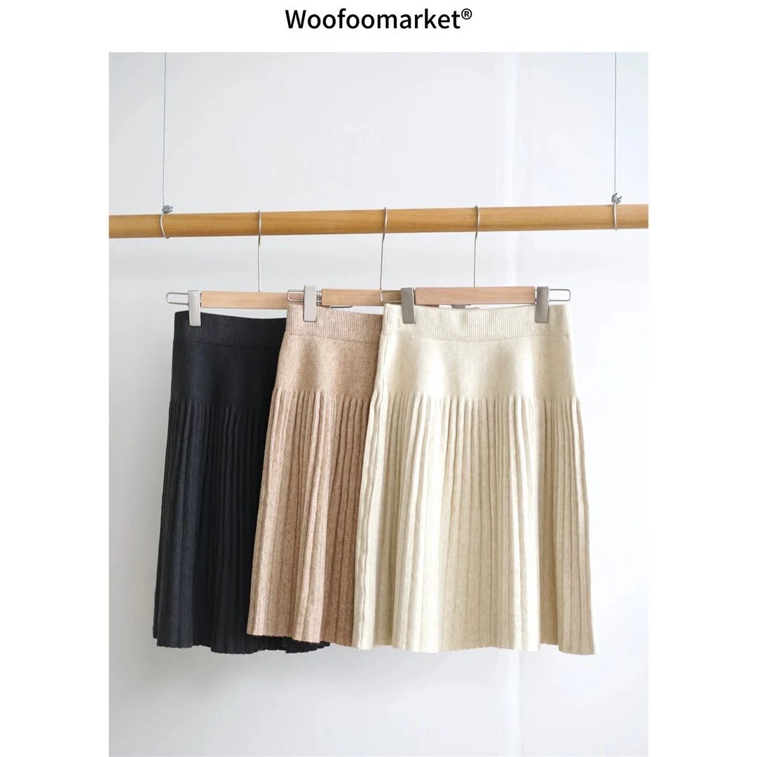 百褶针织半身裙女秋冬及膝a字中裙