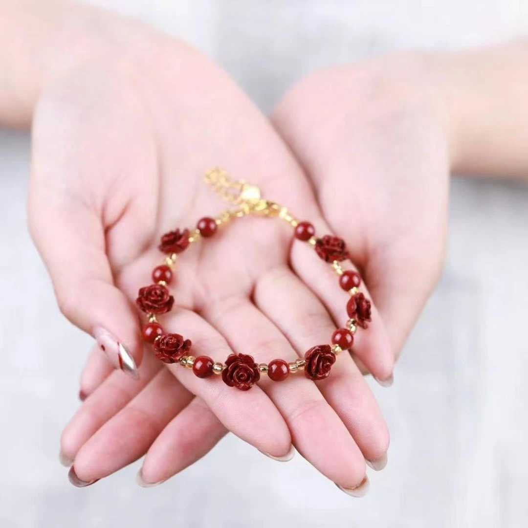 时尚精致款一路生花玫瑰花朱砂女士手里脚链