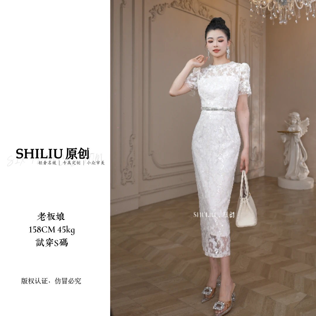 重工蕾丝轻奢优雅长裙修身时尚女装连衣裙显瘦百搭夏季61238