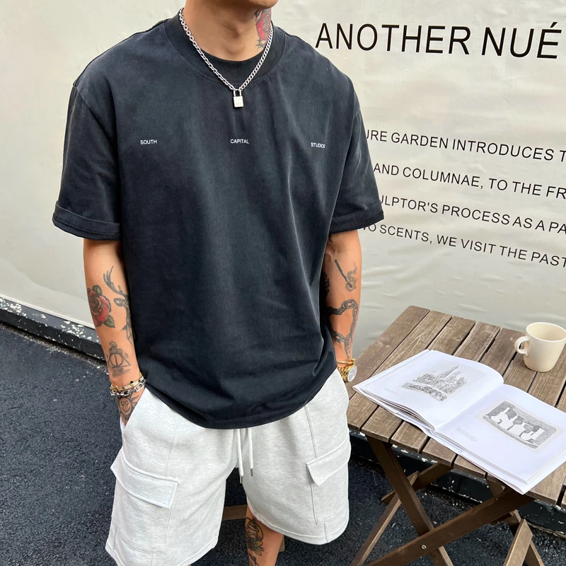 OXFREAK「横排字母印花」300g重磅水洗黑色短袖t恤男宽松圆领半袖