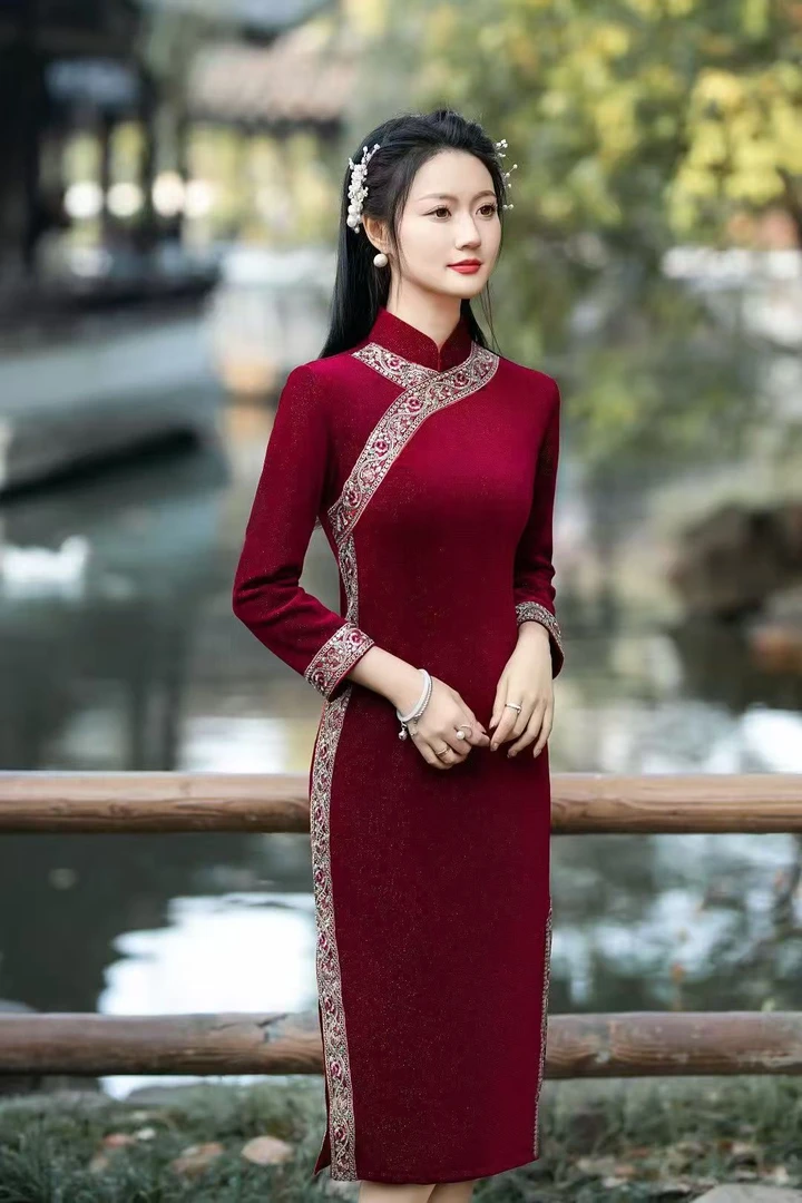 【心心相印】中国风冬季加绒旗袍裙气质修身显瘦中长款A15