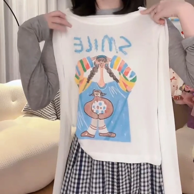 【微笑女孩防晒】夏季薄款长袖t恤印花休闲圆领上衣女LK2503685