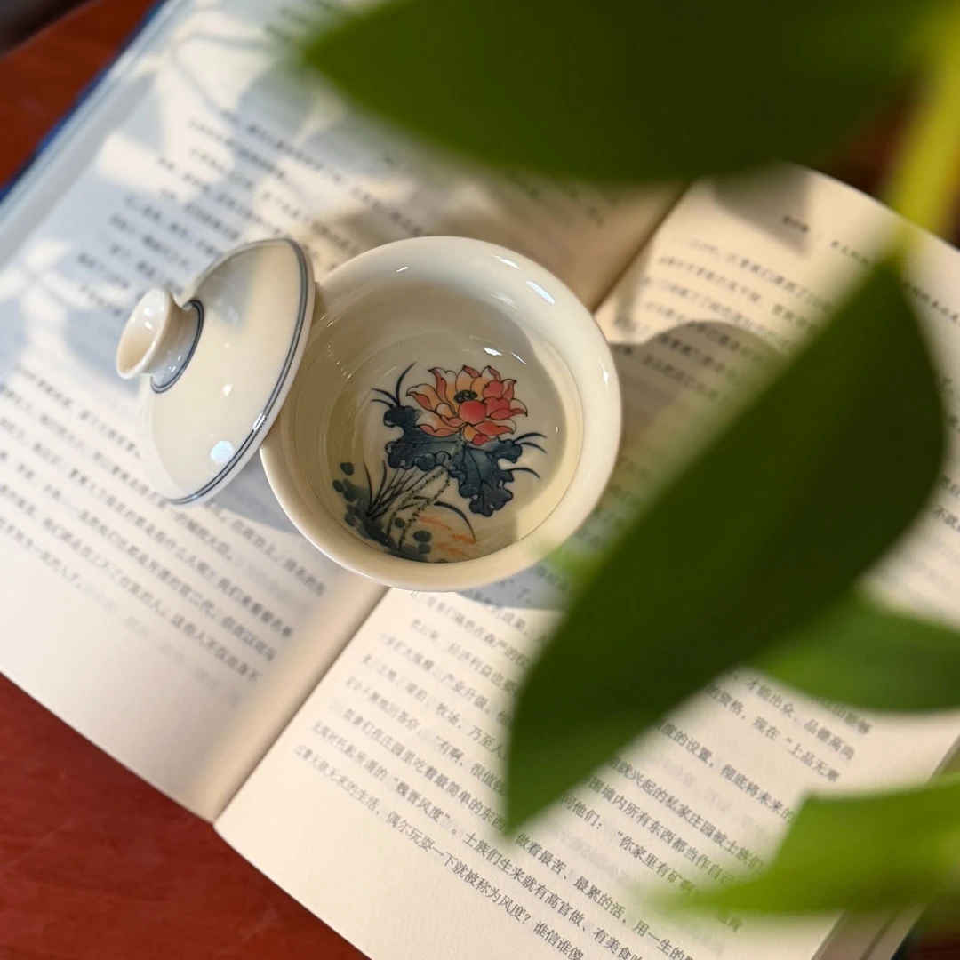 B018【景墨春风】景德镇手工手绘二号釉内绘粉彩荷花炉士杯 60ml