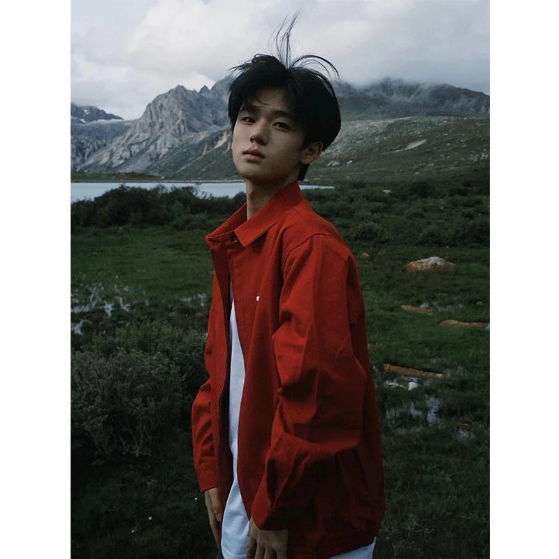 红色美式哈灵顿夹克男高级感痞帅早秋短款外套cleanfit翻领棒球服