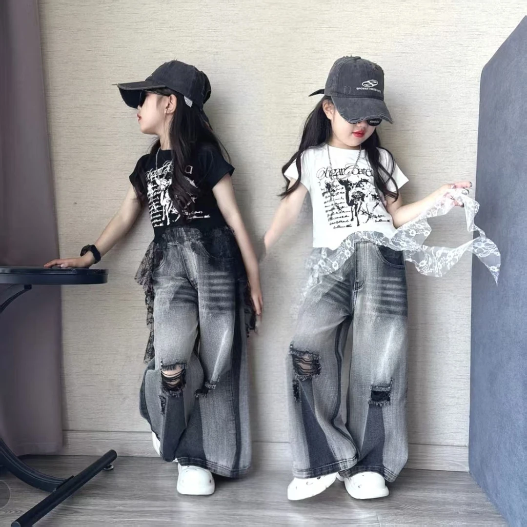 女童套装2025夏季新款儿童装短袖两件套女大童洋气破洞牛仔阔腿裤