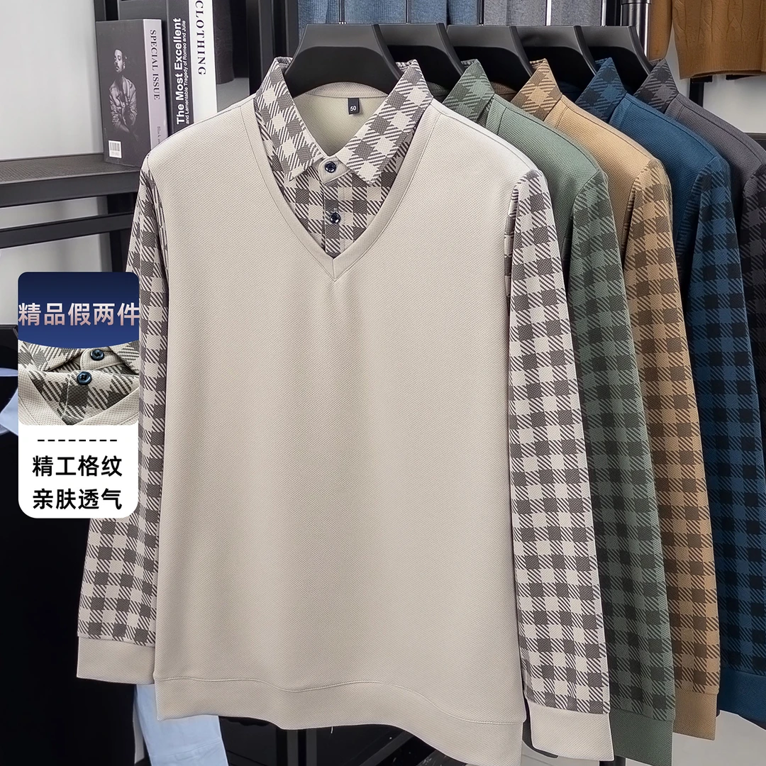 格纹假两件】老爷车中年男士秋季休闲男装长袖T恤polo衫薄款上衣服