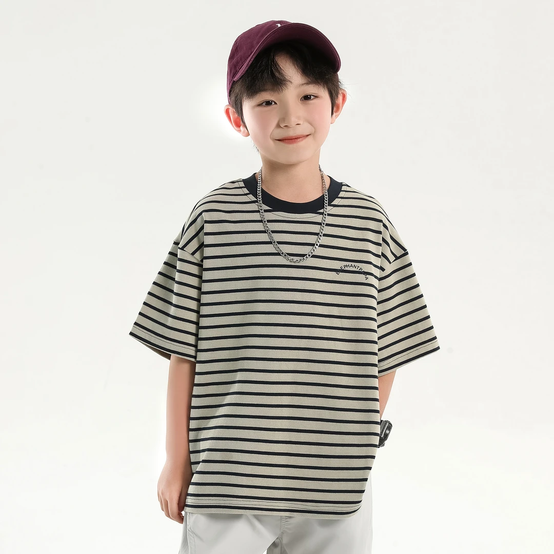 象小爸【100%棉条纹T恤】2025中大童新款男孩休闲夏装儿童体恤上衣