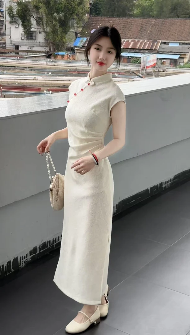 【C121】2025夏季绝美气质米白色收腰显瘦立领旗袍裙女