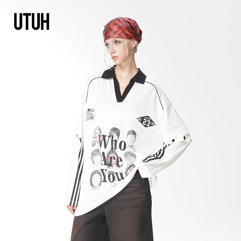 【欧若风】UTUH 黑白色美式休闲长袖螺纹V领上衣 TDWWS1N064