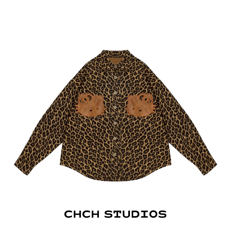 RAWT103710猫咪头像贴布豹纹牛仔外套女秋冬长袖翻领宽松上衣