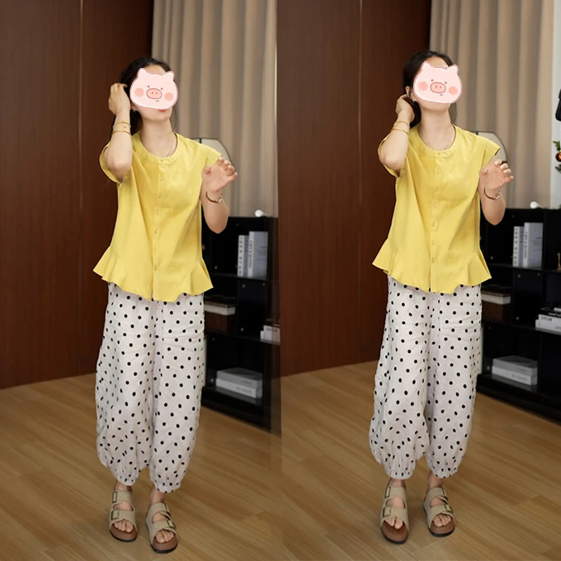 休闲简约甜美俏皮背心上衣女2025年夏季波点阔腿裤时尚两件套