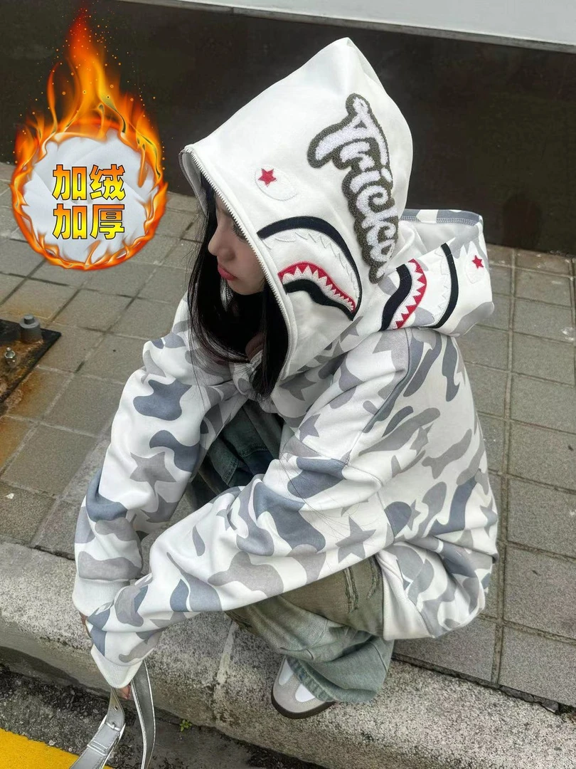 美式hiphop鲨鱼双帽卫衣女春秋冬韩系慵懒风oversize潮牌迷彩外套