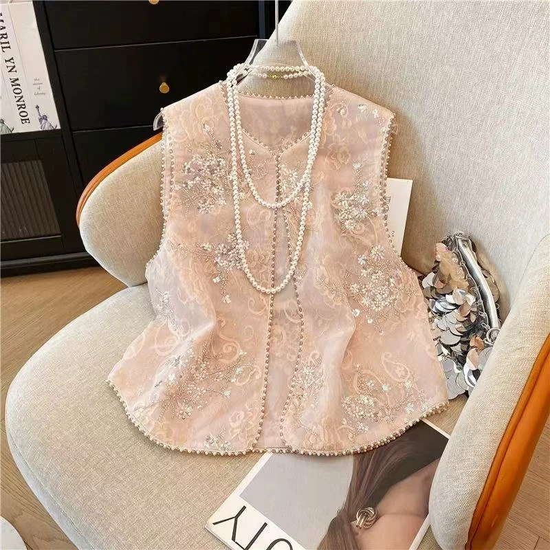 国风马甲女装夏季薄款蕾丝刺绣坎肩背心重工钉珠新中式马夹