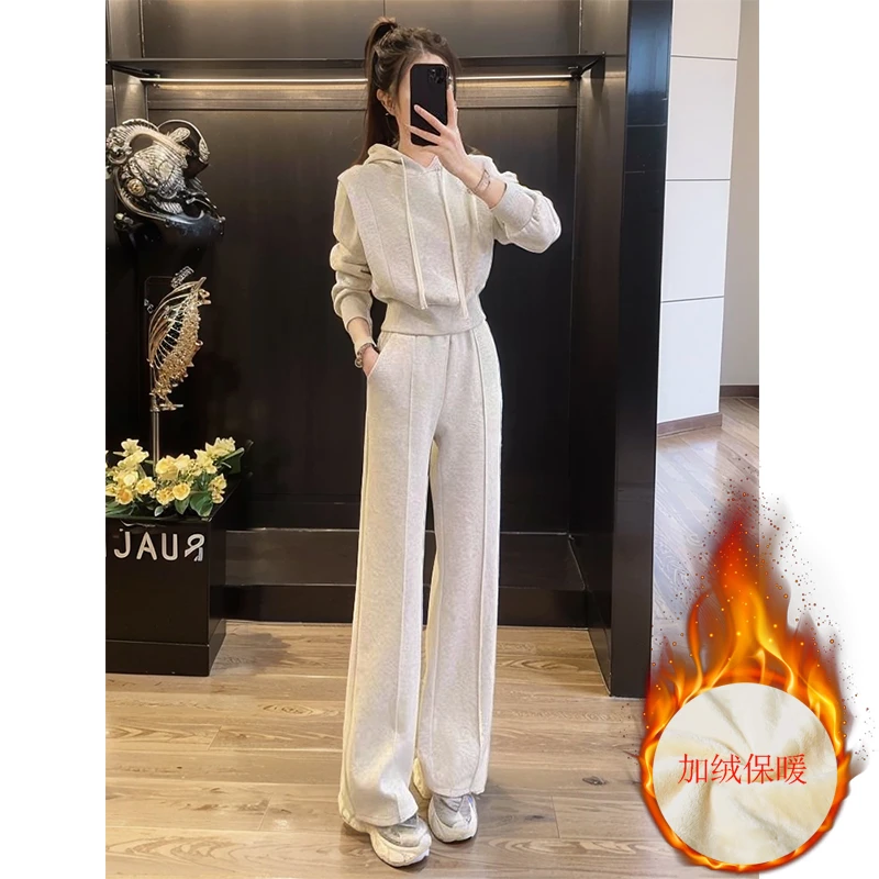 4012小个子设计感运动卫衣套装秋冬加绒加厚连帽卫衣微喇裤两件套