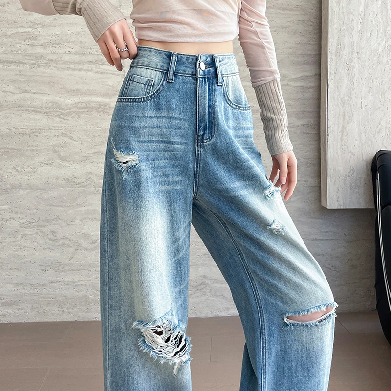 破洞牛仔裤女2025夏薄水洗梨形身材慵懒宽松直筒阔腿凉感拖地裤子