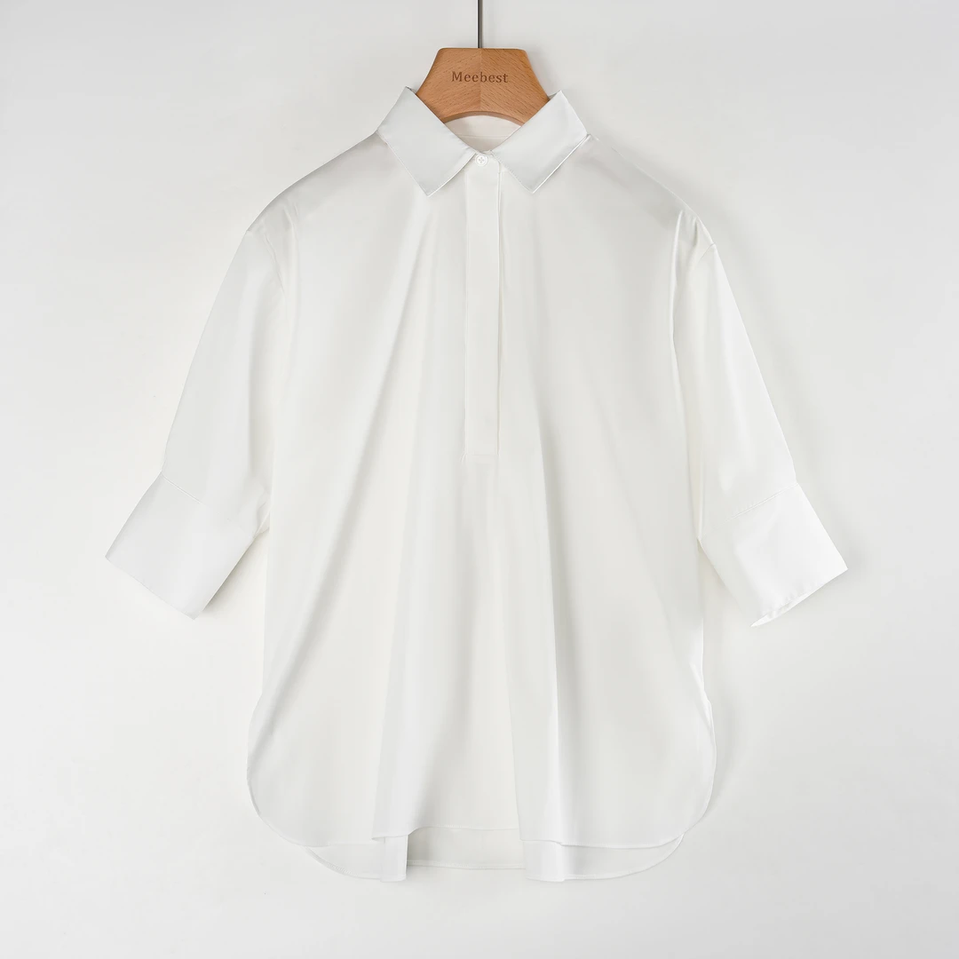【meebest】(原299) C24279抗皱易打理~纯色极简五分中袖衬衫
