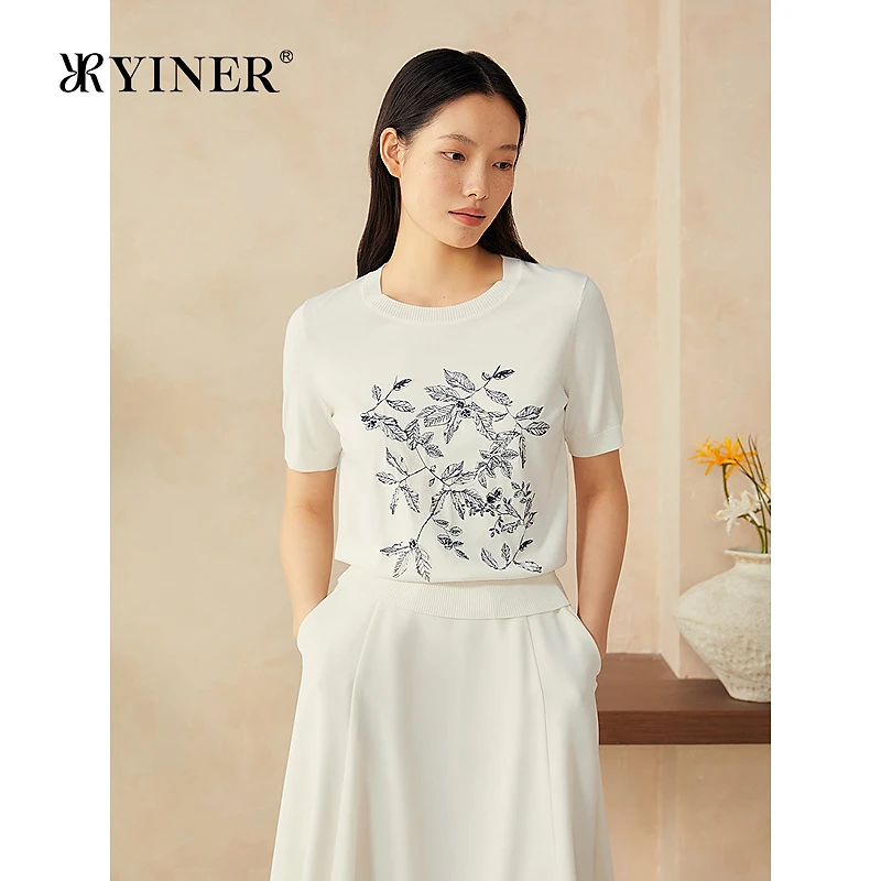【周末花园】YINER音儿专选2025夏季新款天丝短袖T恤绣花毛针织衫