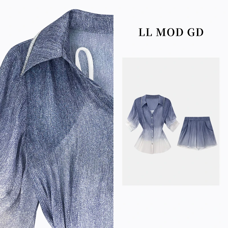 水墨之韵 渐变设计三件套夏季翻领短袖上衣+短裤套装YL-1000002