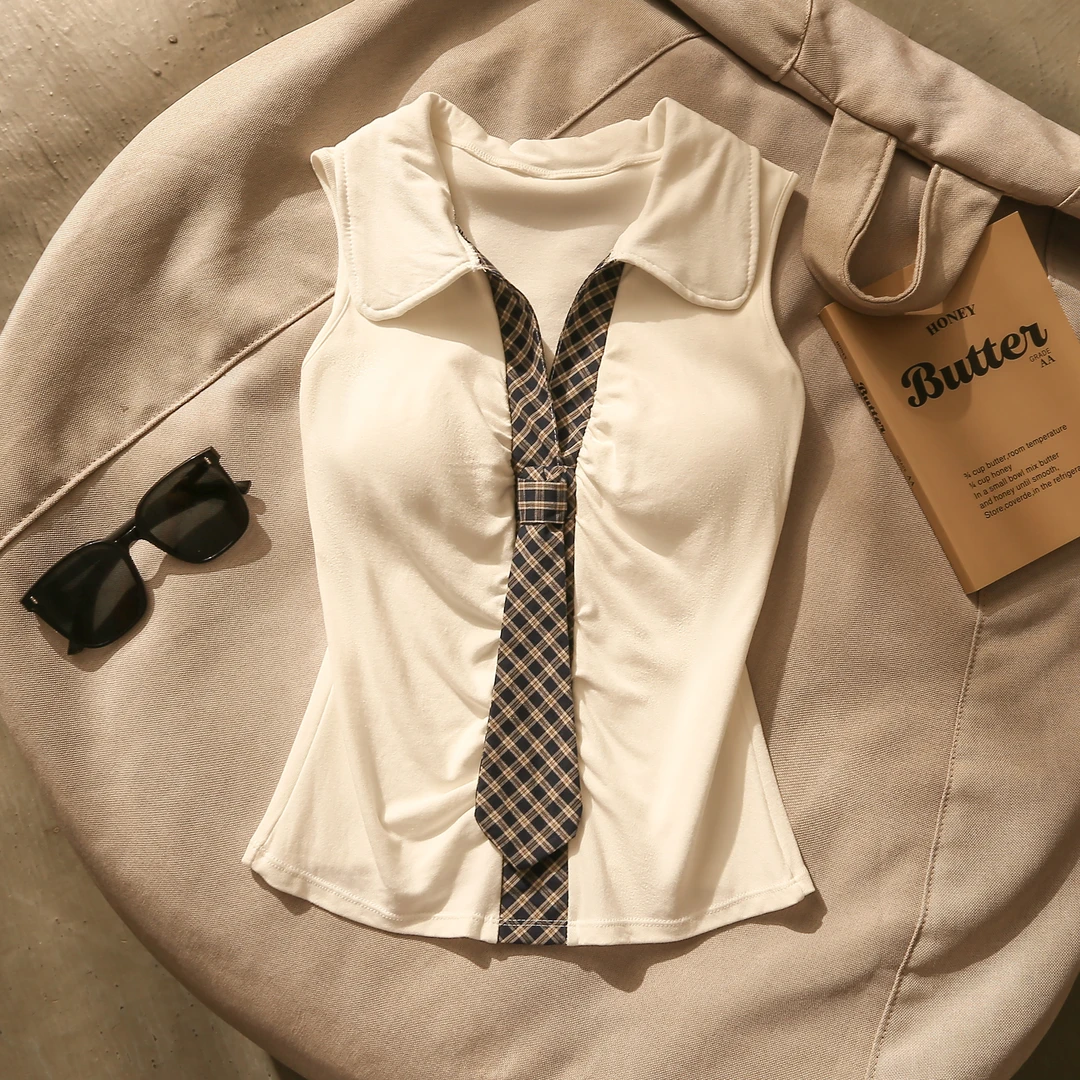 纯欲风领带polo领无袖背心女2025夏季设计感褶皱修身内搭打底上衣