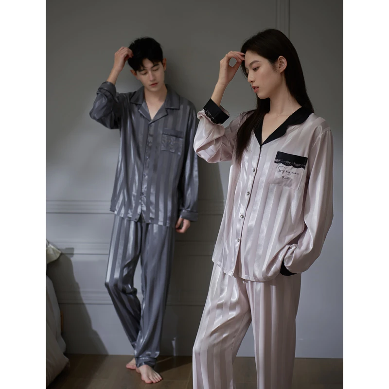 思莉太太【浅发一下】情侣睡衣春秋季女高级感冰丝长袖男士休闲套装