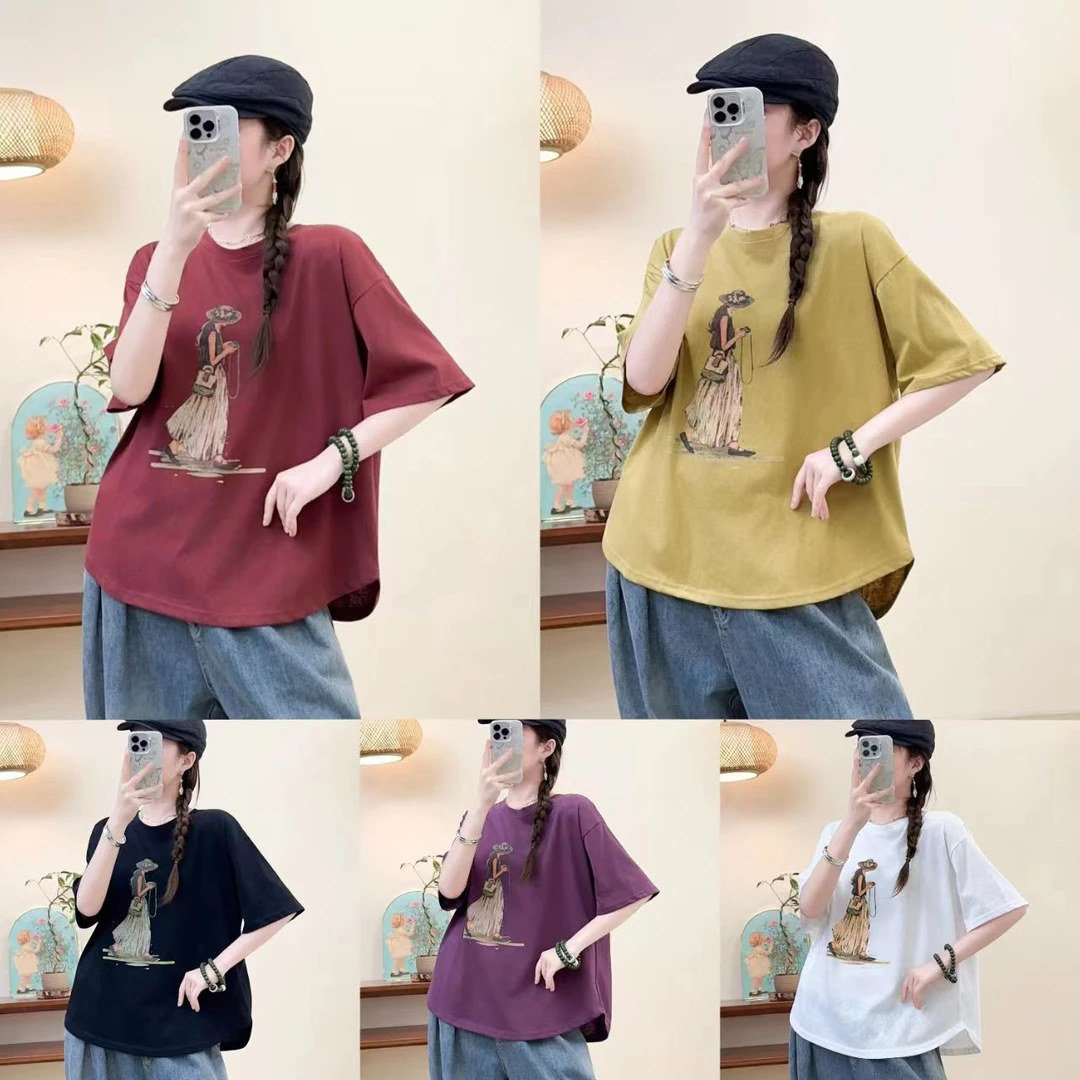 2025长裙女孩雪花棉短袖文艺复古时尚女休闲百搭套头上衣圆领夏季