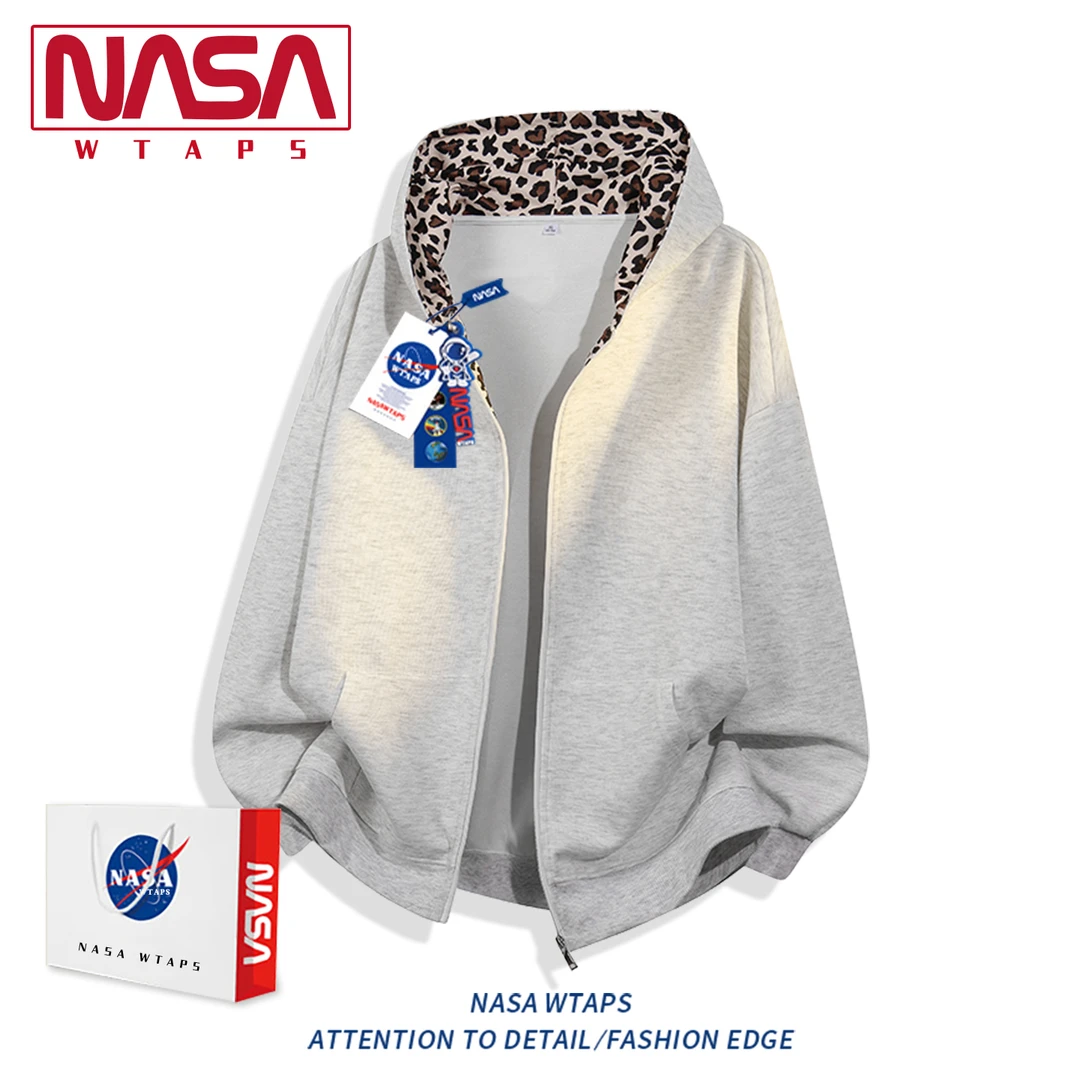 NASA WTAPS美式复古豹纹开衫连帽卫衣男款春秋季潮牌高街情侣外套