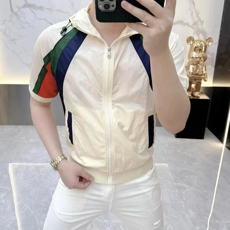 阿伟家高品质夏季男士显瘦短袖连帽百搭休闲时尚韩版T恤薄款半袖