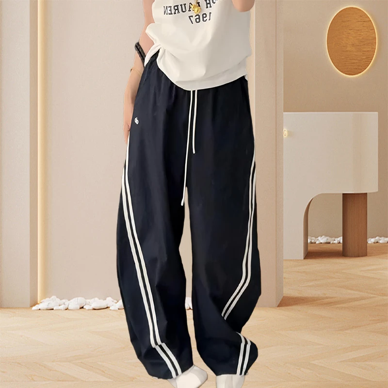 小个子高级感纯色休闲裤2025新款高腰垂感阔腿裤美式拼接直筒长裤