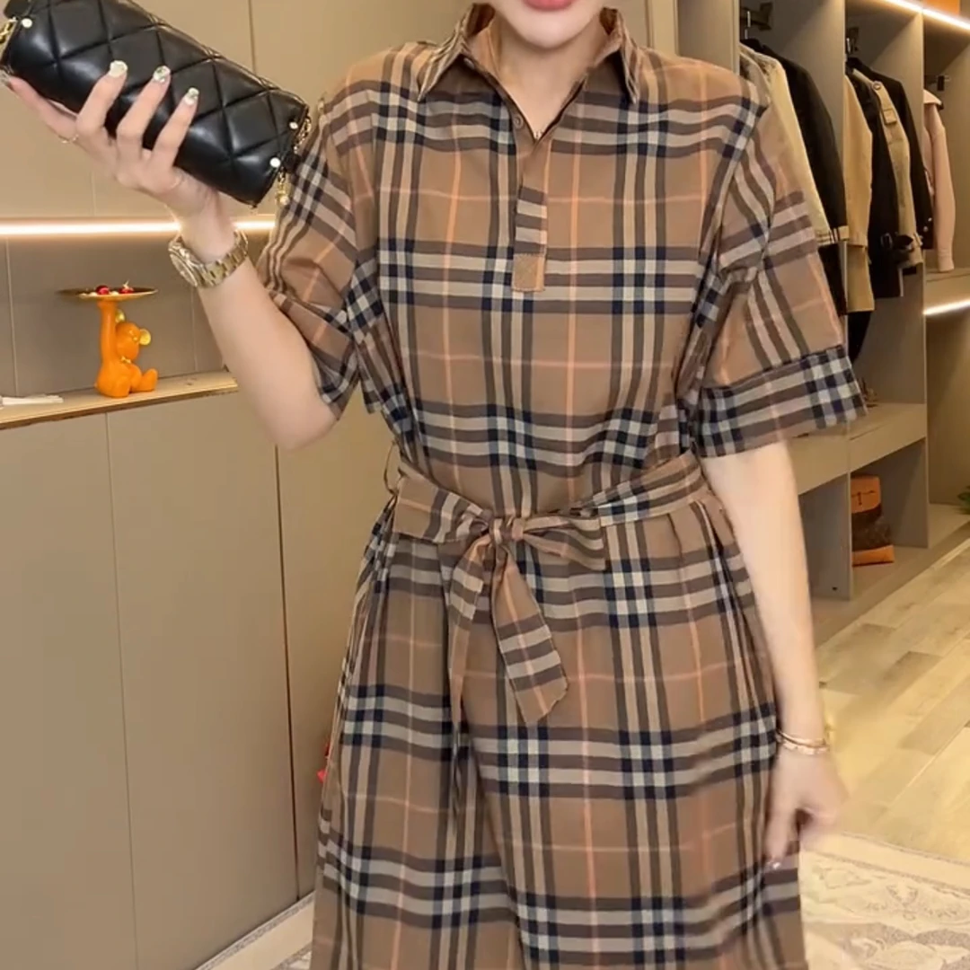 原版新款格子衬衫长款腰带法式时尚气质连衣裙休闲百搭短袖格纹