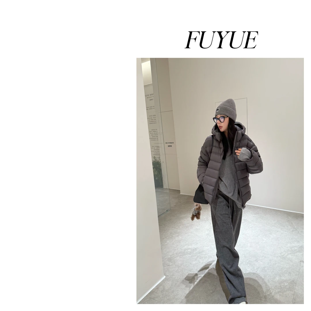 FUYUE赴约 灰色"泡芙小棉被"排骨连帽羽绒服95白鸭绒填充休闲百搭
