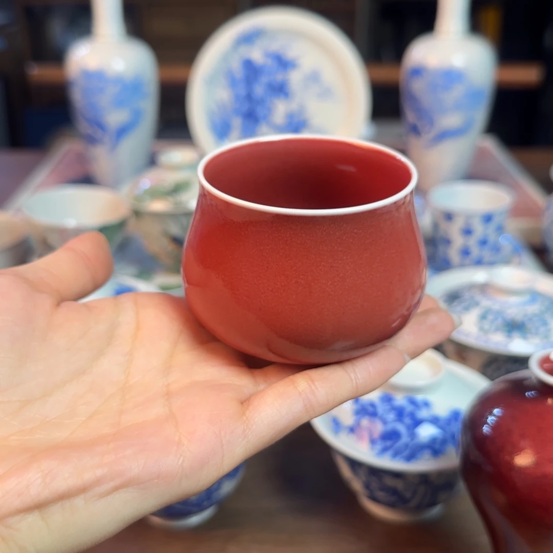 单色釉 豇豆红主人杯放漏