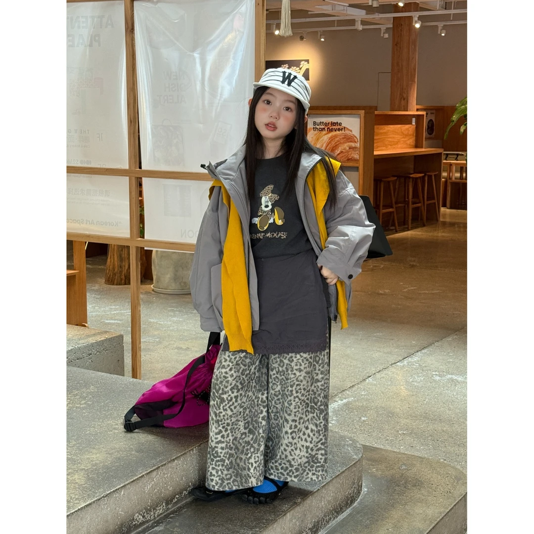 LJ-72052-TBB童装女童裤子2025秋冬新款韩版豹纹加绒裤甜酷风炸