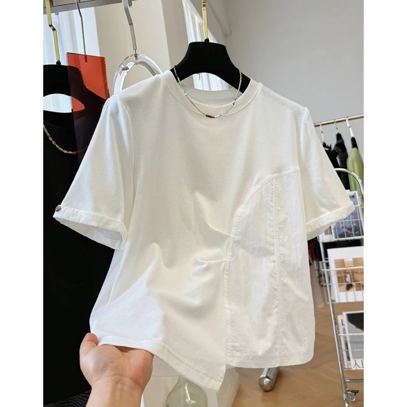 K00194独特别致漂亮夏日小上衣女超好看不规则褶皱半袖高级感上衣