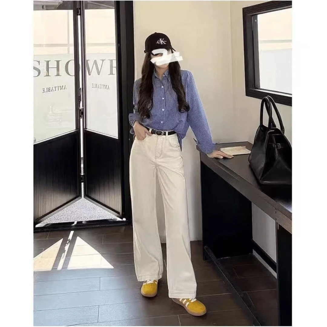 【送腰带】2025春季新款米杏色牛仔裤女高腰宽松显瘦窄版阔腿裤