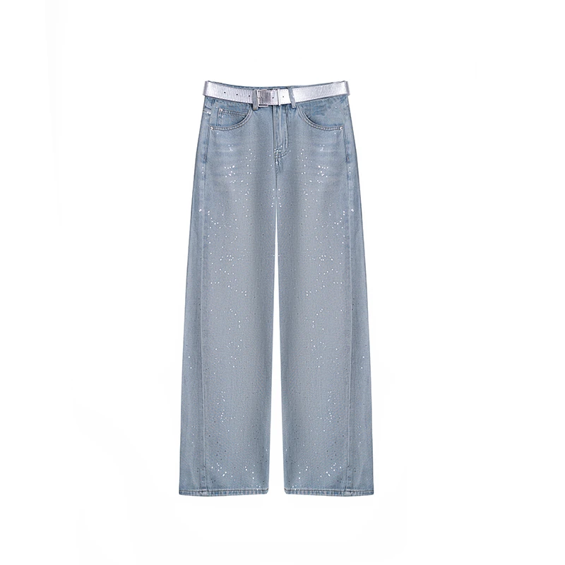 【银河】高腰烫银显瘦百搭水洗牛仔阔腿裤腰带牛仔裤A2965
