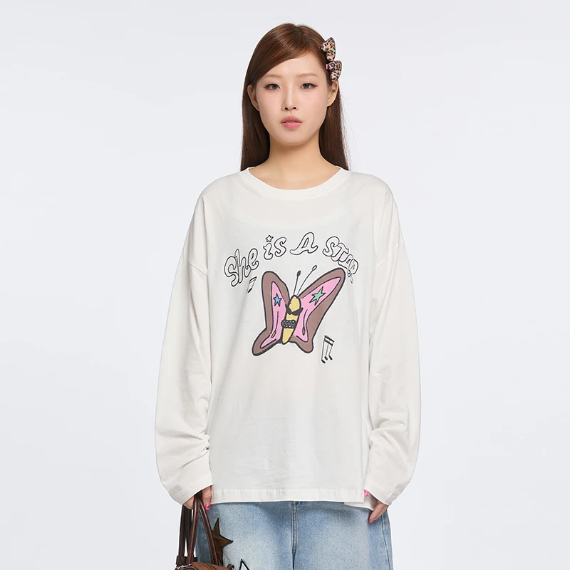 TIPSEVEN 原创设计休闲宽松时髦音乐蝴蝶印花长袖圆领T恤春季新款