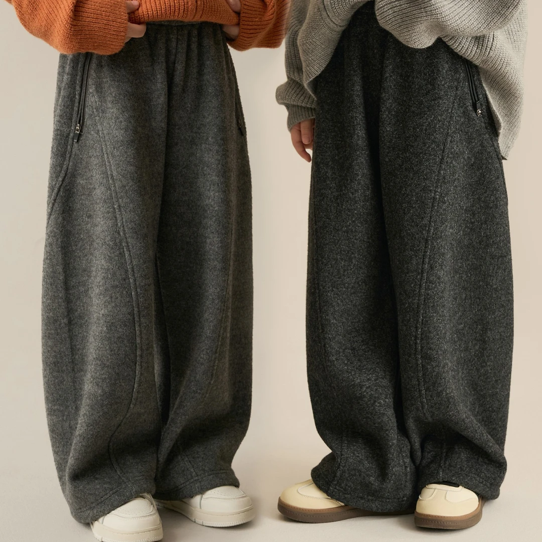 宽松有形男女童加绒秋冬阔腿裤显腿长两穿亲子装弯刀裤