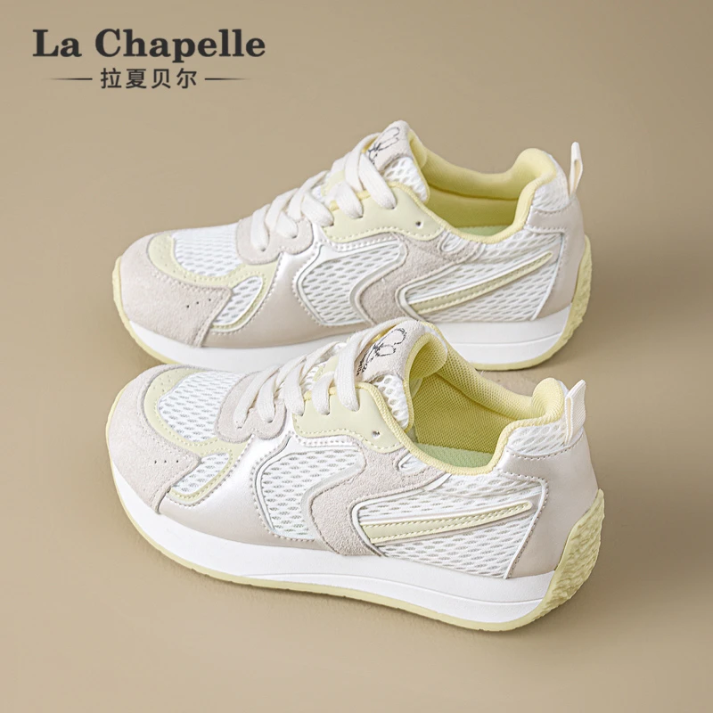 拉夏贝尔黄色阿甘鞋子女款潮牌百搭2025夏季新款网面运动德训鞋子