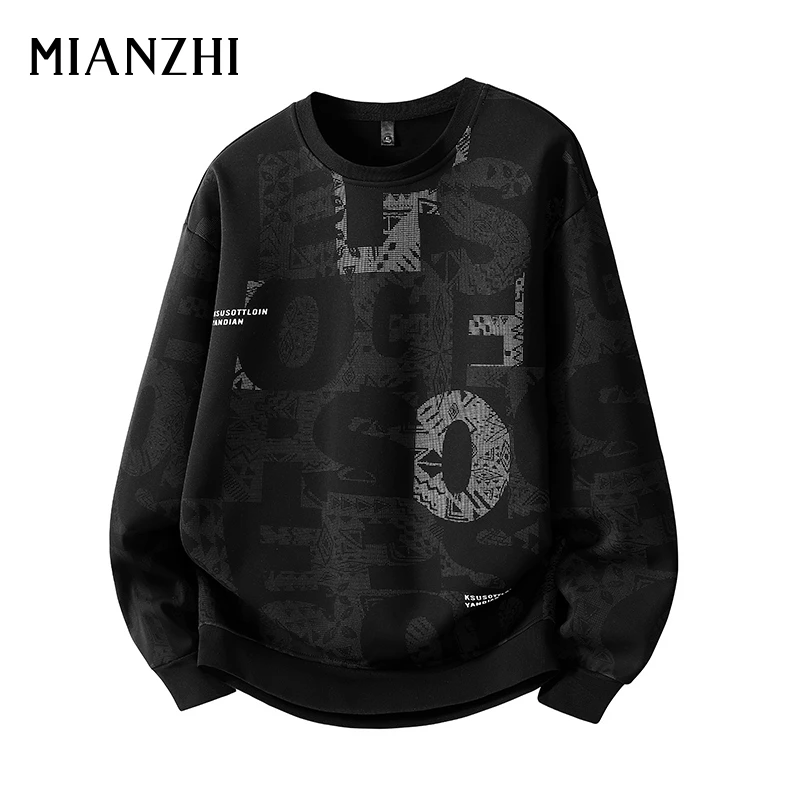 棉致圆领卫衣男美式潮流满印花春秋季加肥加大码百搭休闲长袖内搭