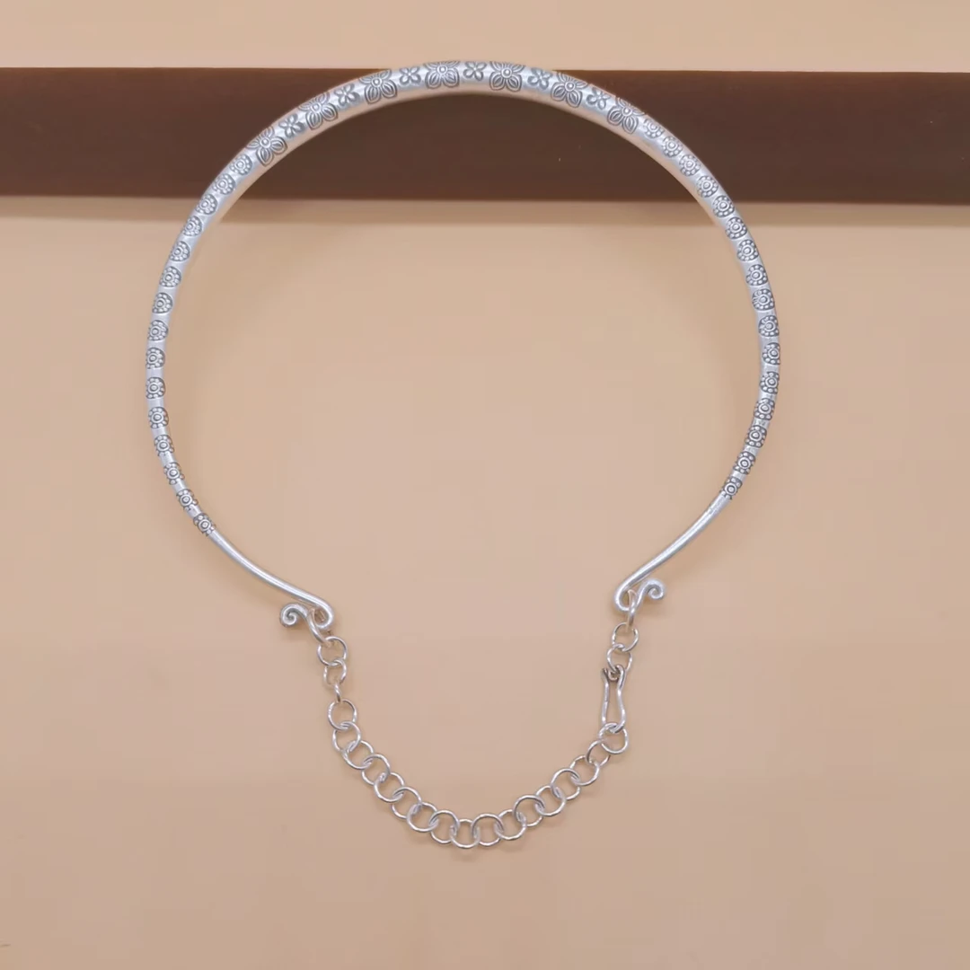 坠链均925银 925银硬项圈空心手工女款复古民族风个性小众银饰