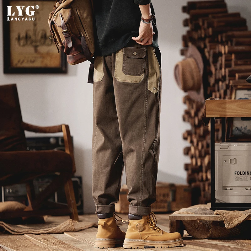 2025秋季新款潮牌工装裤男士宽松美式复古撞色拼接锥形休闲长裤子