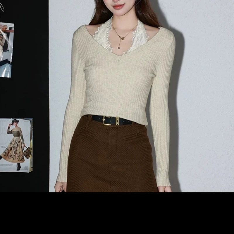 【NO退NO换】71288挂脖蕾丝针织衫女独特小众设计修身上衣秋冬